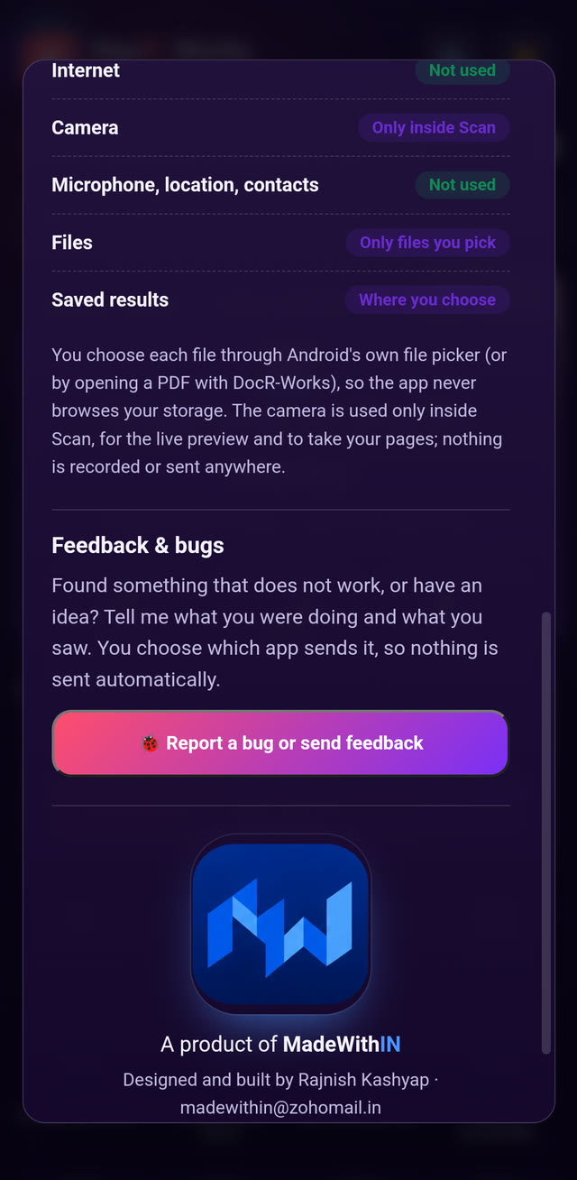 DocR-Works on Android: the About screen listing permissions, with Internet not used and Camera only inside Scan, and the MadeWithIN logo
