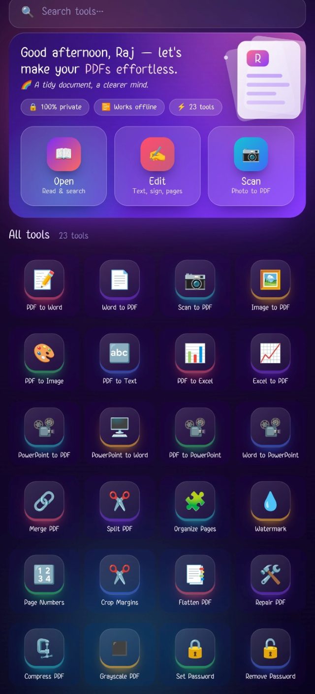 DocR-Works on Android in the dark theme: the home screen with 100% private and works offline, and the grid of tools
