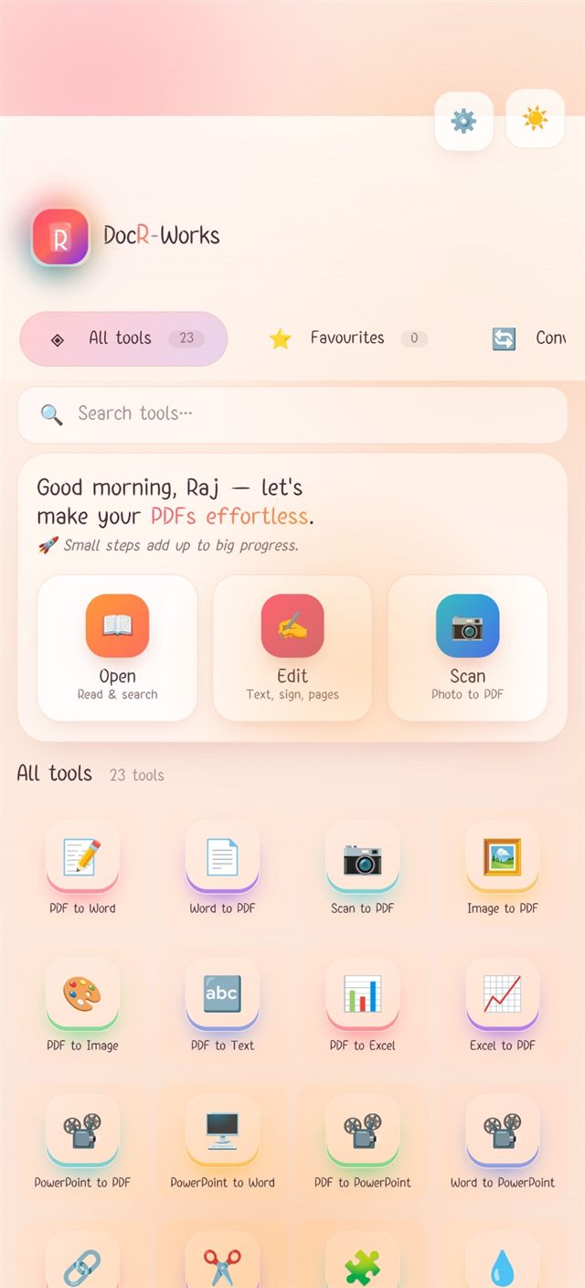 DocR-Works on Android in the light theme: the home screen with the grid of tools