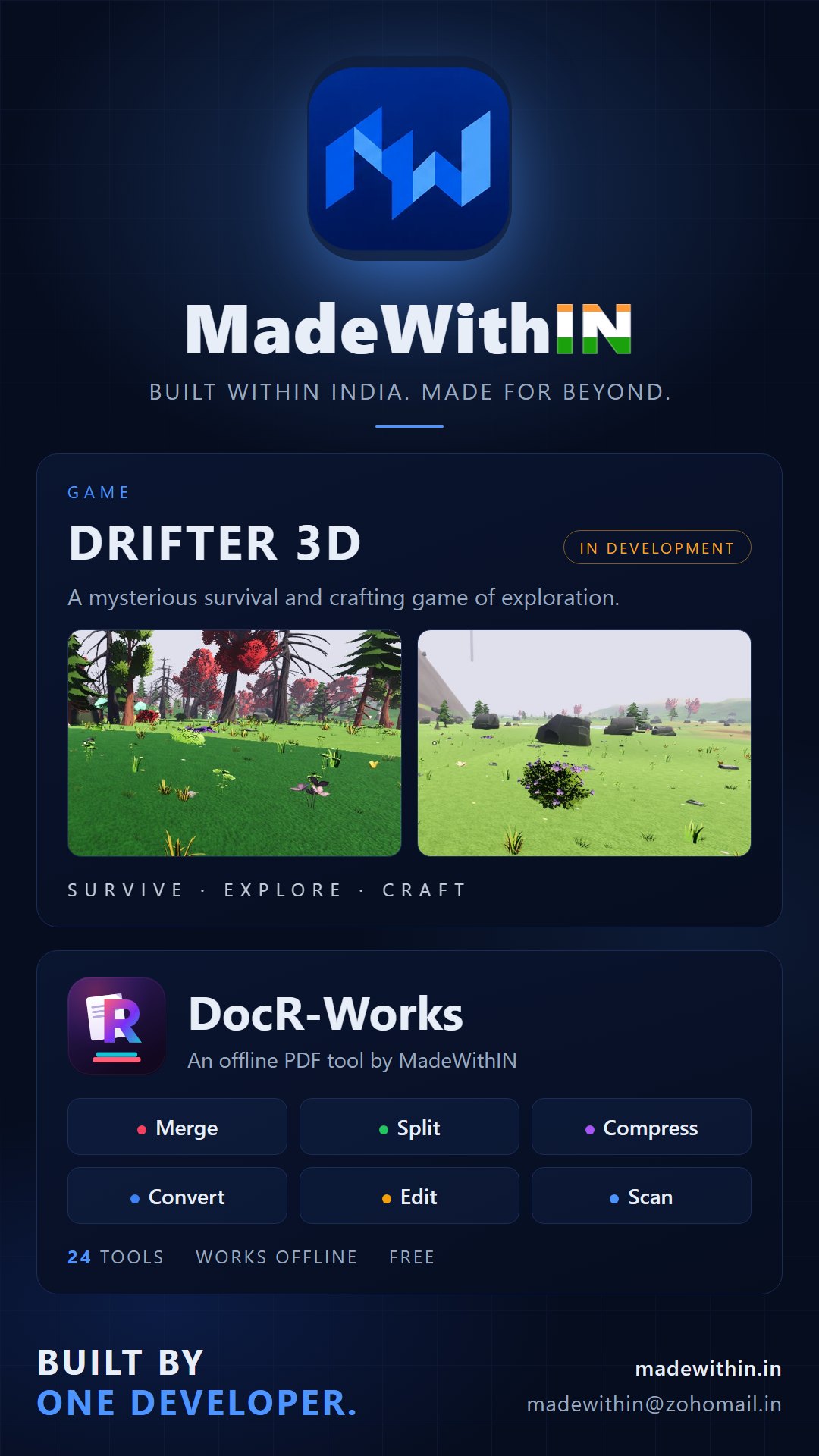 MadeWithIN studio poster: the logo and tagline, Drifter 3D with two work-in-progress game screenshots, and DocR-Works, an offline PDF tool with 24 tools